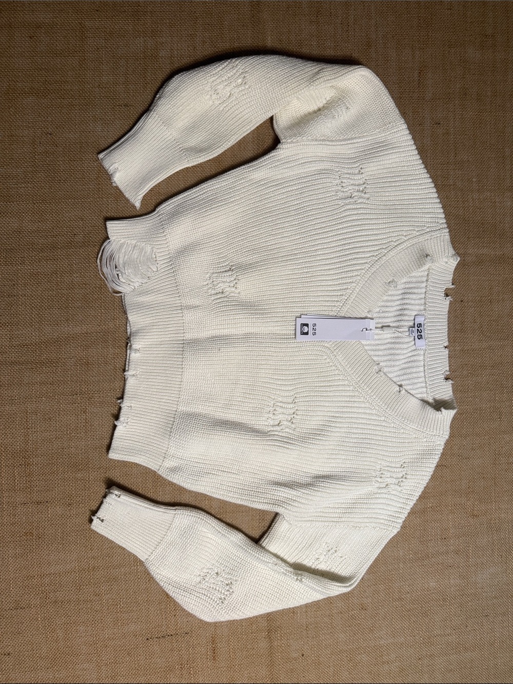 525 Ivory Distressed V-Neck Cropped Sweater